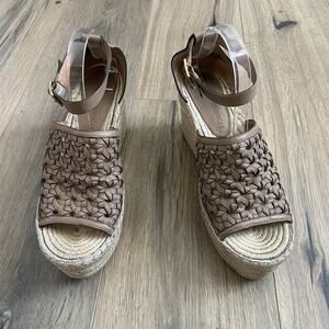 Tory Burch Basketweave Espadrille Wedge Platform Sandal 10.5 Almond Flour $348